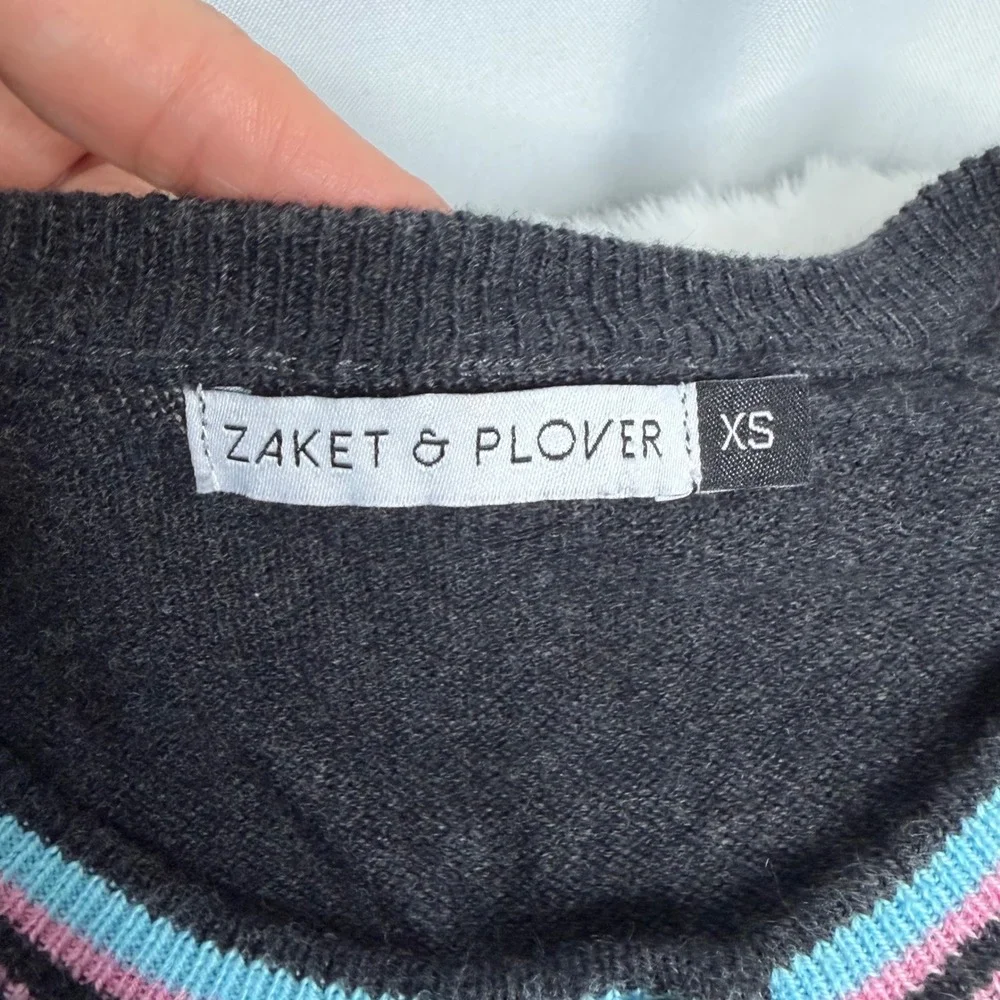 Zaket & Plover Womens XS Colorblock Zigzag Cardigan Sweater Grey Blue Pink Mod